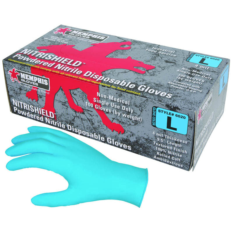 Memphis KB516015XL NitriShield Gloves – 4 mil Blue Nitrile Industrial/Food Service Grade – Textured Grip – Powder Free – Box of 100 – Size X-Large on Sale