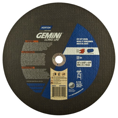 Norton Abrasives MH60100006102 10" x 0.09375" x 5/8" Gemini Stationary Saw Cut-Off Wheel Aluminum Oxide Fashion