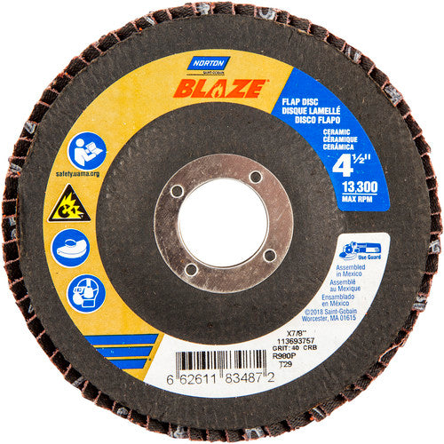 Norton Abrasives MH61FD0483487 4-1/2 x 7/8" Blaze Fiberglass Conical Flap Disc Type 2940 Grit R980P Premium Ceramic Alumina on Sale