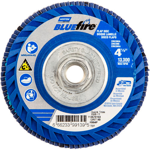 Norton Abrasives MH61D040099139 4-1/2 x 5/8 – 11" BlueFire Plastic Flat Flap Disc Type 27 P80 Grit R884P Ceramic Alumina Sale