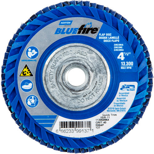 Norton Abrasives MH61D040099137 4-1/2 x 5/8 – 11" BlueFire Plastic Flat Flap Disc Type 27 P40 Grit R884P Zirconia Alumina Online