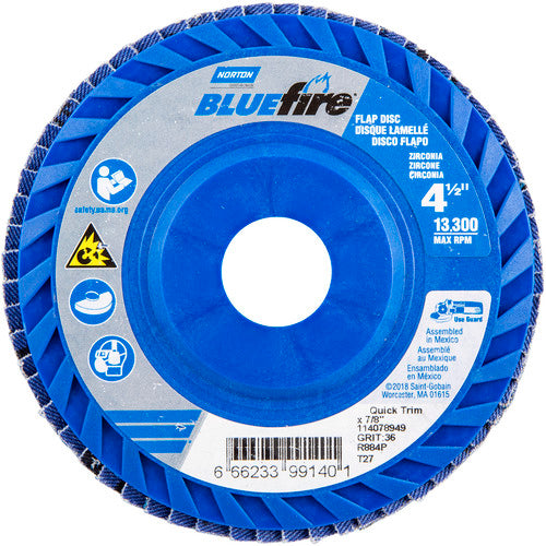 Norton Abrasives MH61FD0499140 4-1/2 x 7/8" BlueFire Plastic Flat Flap Disc Type 27 P36 Grit R884P Zirconia Alumina Supply