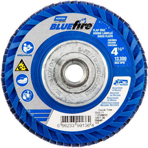 Norton Abrasives MH61FD0499136 4-1/2 x 5/8 – 11" BlueFire Plastic Flat Flap Disc Type 27 P36 Grit R884P Zirconia Alumina Fashion